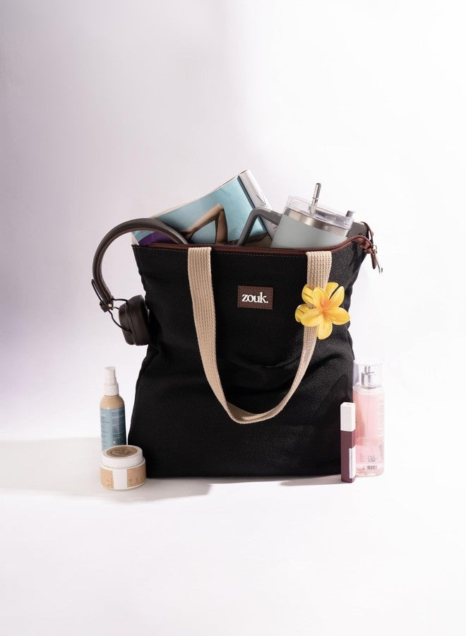 ZOUK Ivy Tote Bag for Women | Handcrafted Jute Khadi with Vegan Leather Handles | Lightweight, Foldable & Travel-Friendly Everyday Carry Bag | Jet Black - Image 3